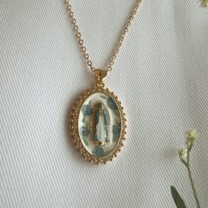 Mother Mary in Blue Roses Necklace